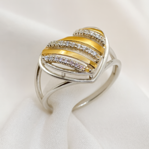 ANEL DE PRATA C/FILETE OURO 10K CORAÇÃO C/24 PEDRAS