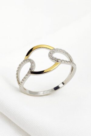 ANEL DE PRATA C/FILETE OURO 10K E 34 PEDRAS